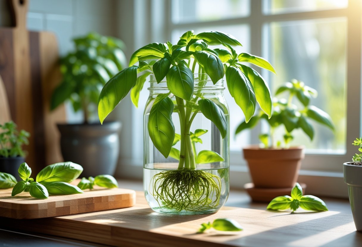 Glass jar with basil cuttings growing roots in water on a kitchen countertop with sunlight and kitchen items nearby.