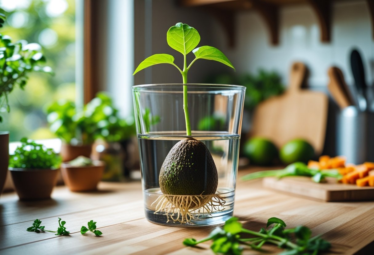 An avocado pit sprouting roots and a green shoot in a glass container of water on a kitchen countertop surrounded by herbs and vegetable scraps.