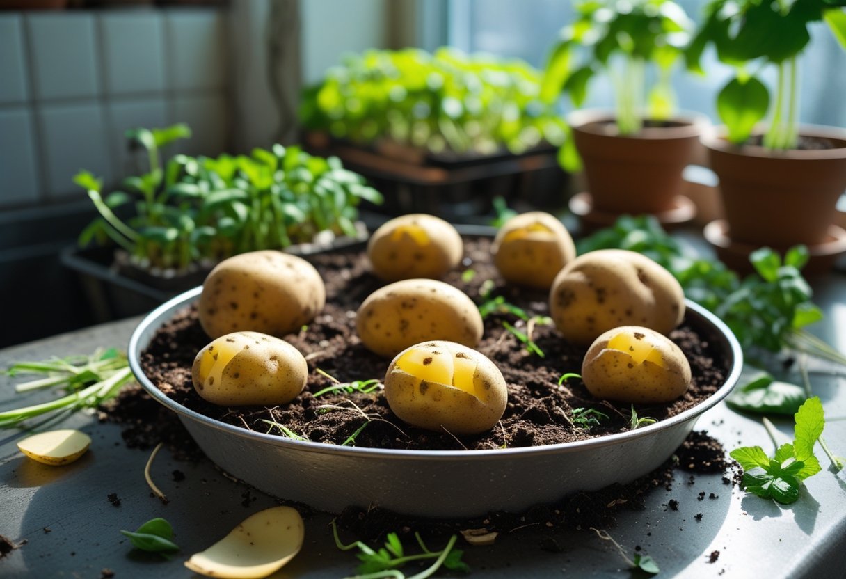 Close-up of potato pieces with sprouts planted in soil on a kitchen countertop surrounded by vegetable scraps and potted plants.