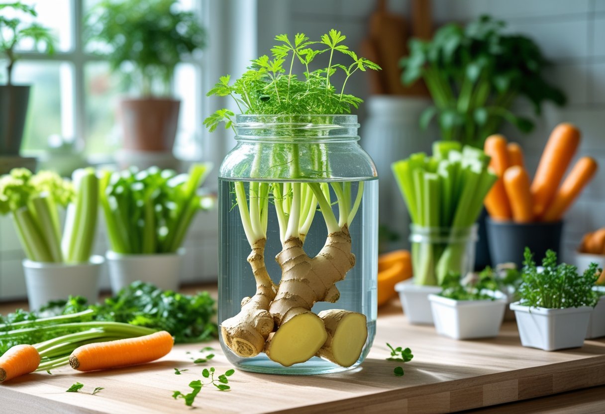A kitchen countertop with a glass jar of water holding ginger root scraps sprouting green shoots, surrounded by other kitchen scraps and potted plants near a sunny window.