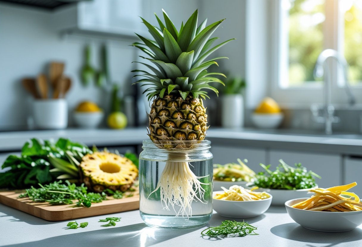 Pineapple top growing roots in a glass jar on a kitchen countertop surrounded by vegetable and fruit scraps.