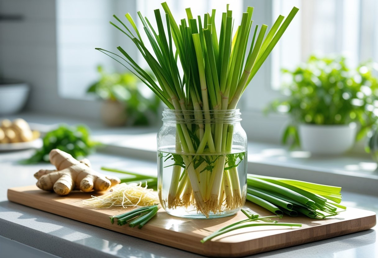 A kitchen countertop with a glass jar of lemongrass stalks regrowing in water, surrounded by other kitchen scraps and natural light.