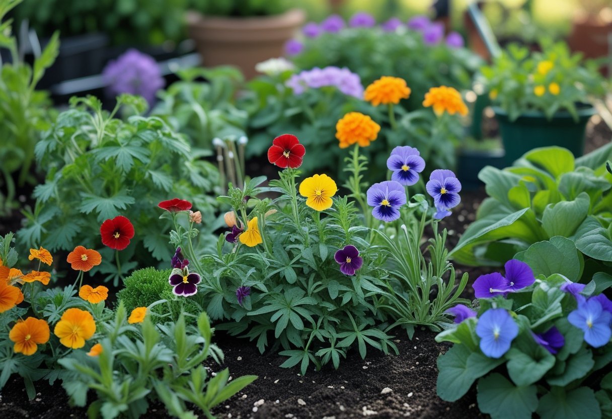 A garden bed with various colorful edible flowers growing among green leaves in natural sunlight.