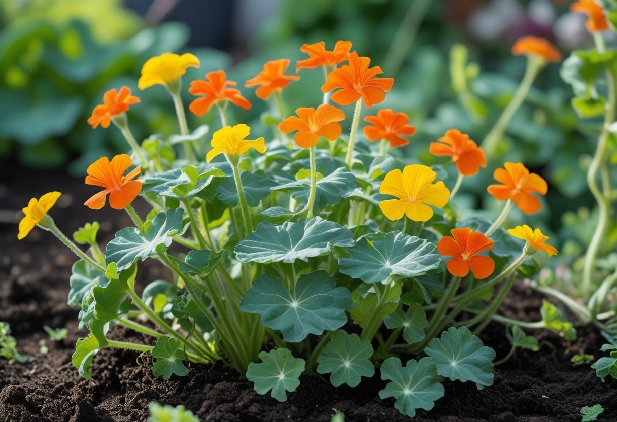 Close-up of blooming nasturtium plants with bright orange and yellow edible flowers growing in a garden.