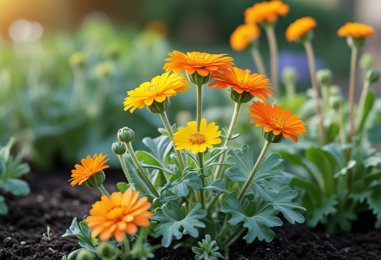 Close-up of bright orange and yellow calendula flowers growing in a garden with green leaves.