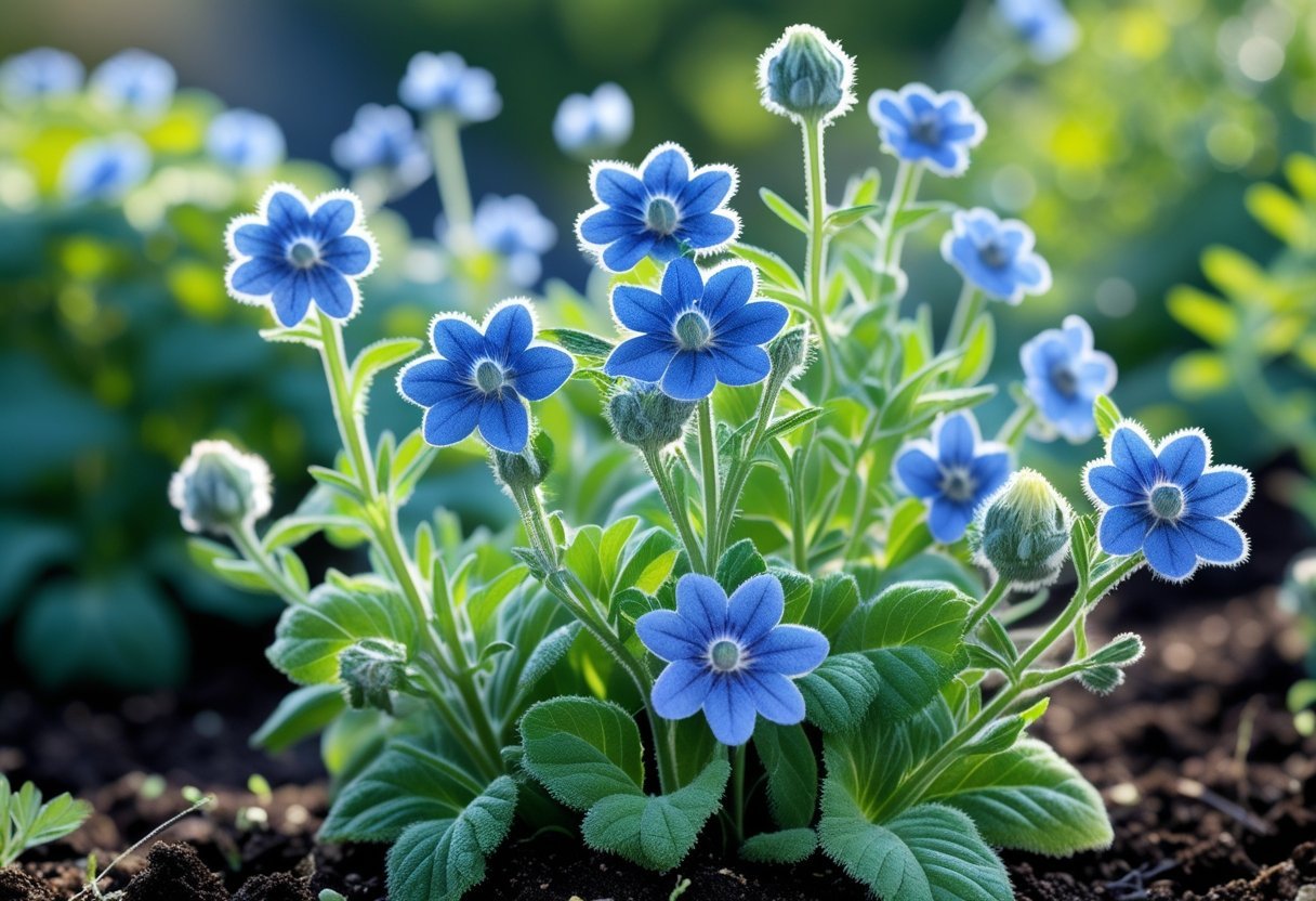 Close-up of blooming borage plants with blue edible flowers in a garden setting.