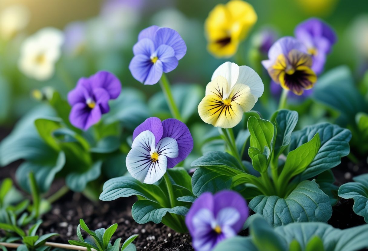 Close-up of colorful viola flowers growing in a garden with green leaves.