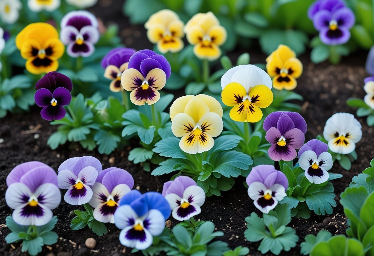 Close-up of colorful pansy flowers growing in a garden bed with green leaves and soil.