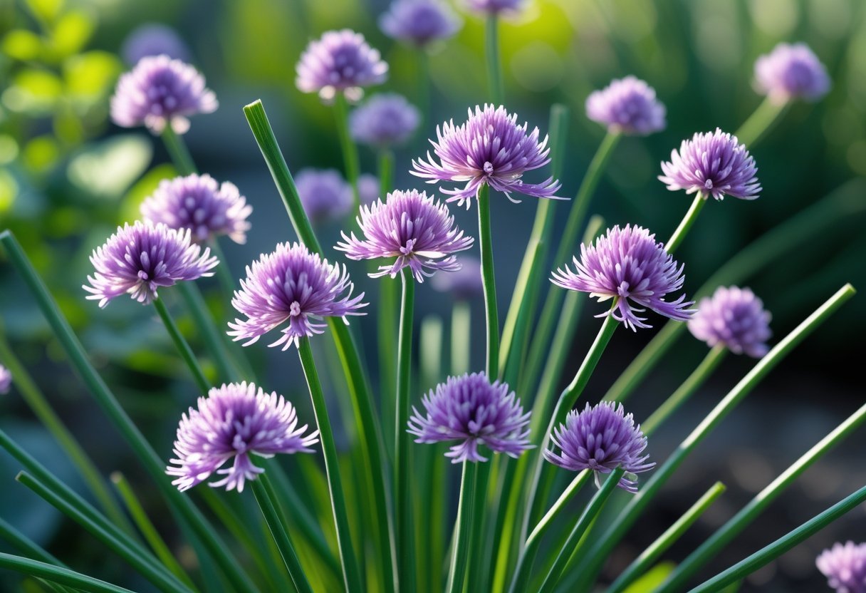 Close-up of purple chive blossoms growing on green stems in a garden.