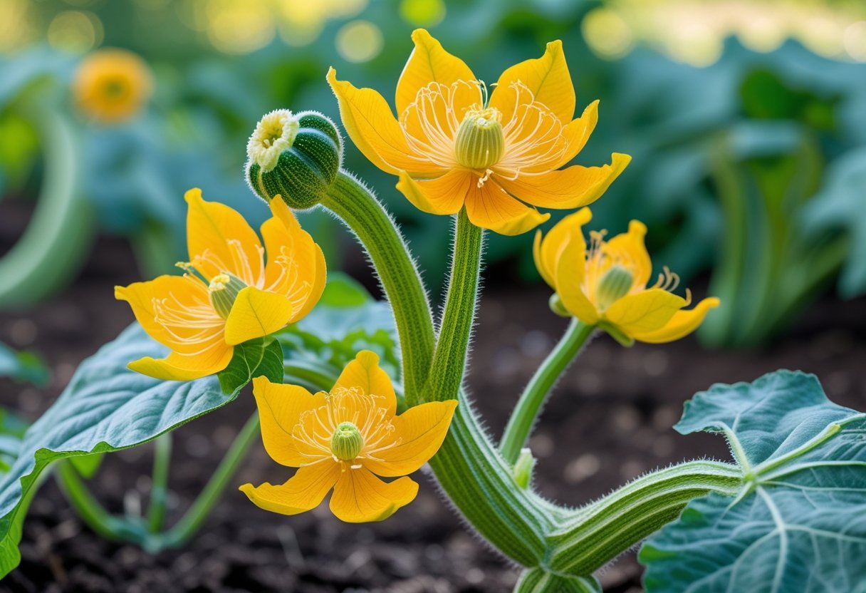 Bright yellow-orange squash blossoms growing on green plants in a garden with leaves and soil.