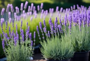 Eight varieties of lavender edible flowers growing in a garden with purple blossoms and green leaves.