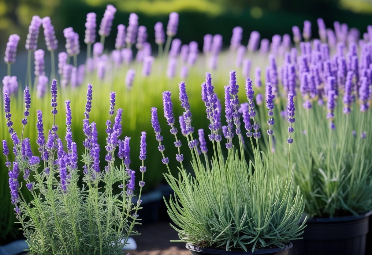 Eight varieties of lavender edible flowers growing in a garden with purple blossoms and green leaves.