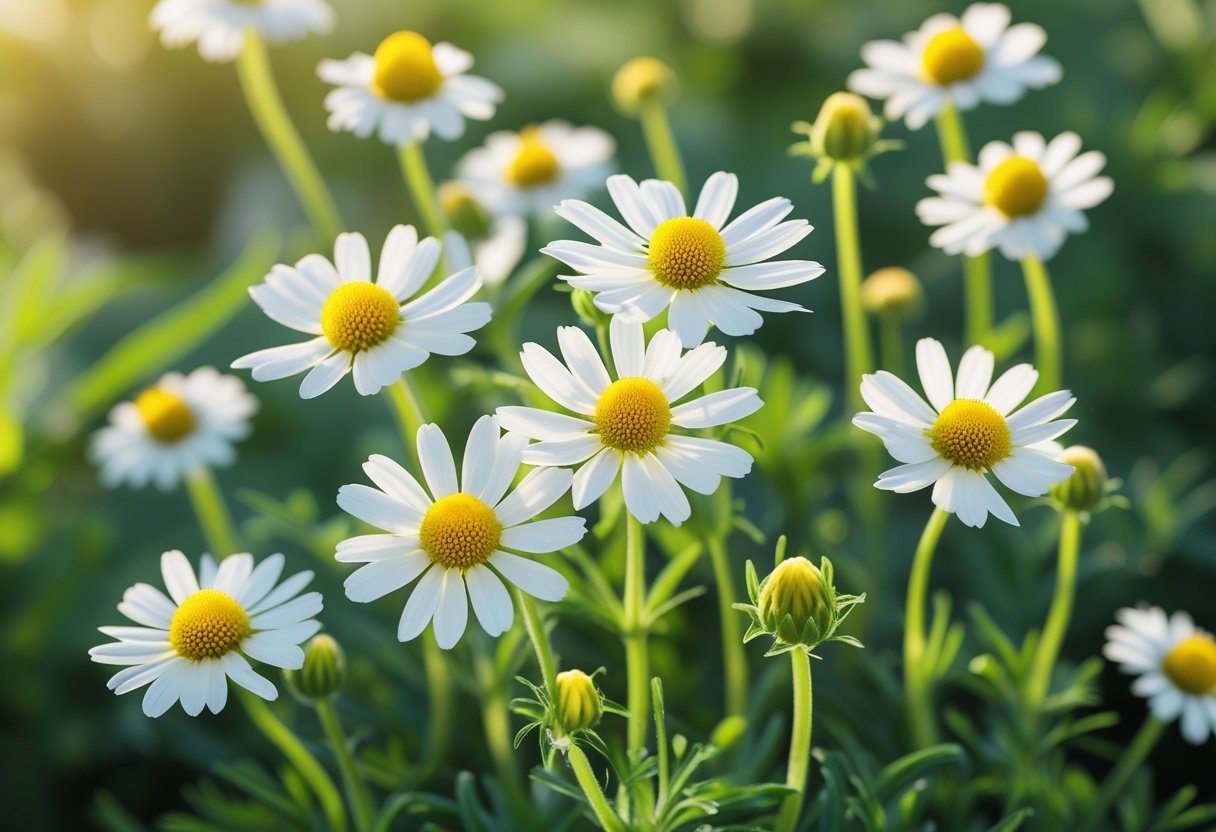 Close-up of fresh chamomile flowers with white petals and yellow centers growing among green leaves.