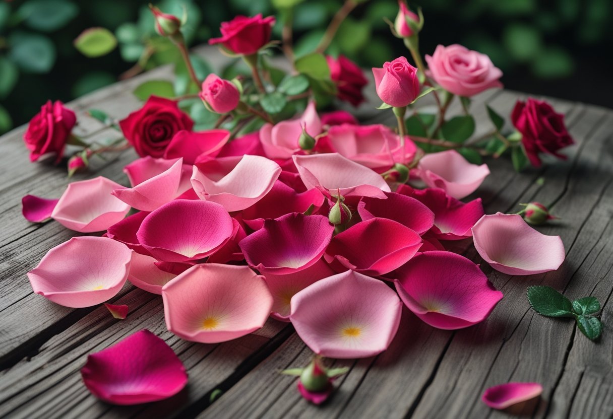 Close-up of fresh edible rose petals and flowers arranged on a wooden surface with green garden foliage in the background.