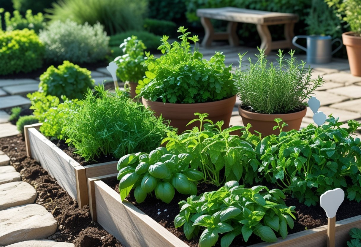 A well-maintained outdoor herb garden with various fresh green herbs growing in raised beds and pots, surrounded by stone paths and garden accessories.