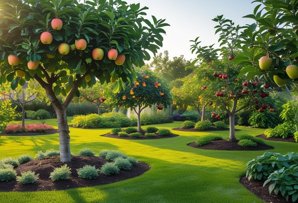 A garden with various fruit trees bearing ripe apples, pears, and cherries surrounded by green grass and other edible plants.
