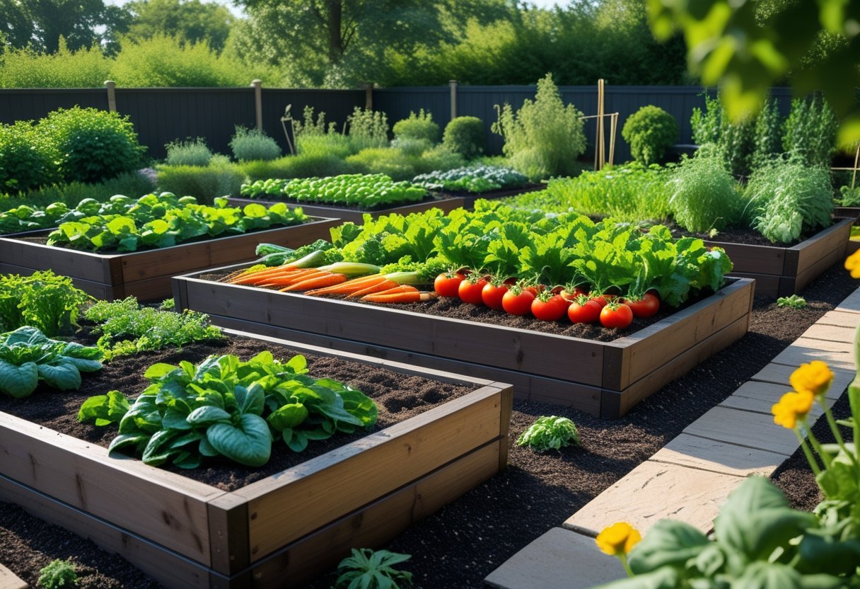 A garden with multiple raised vegetable beds growing various fresh vegetables and herbs, surrounded by pathways and greenery.