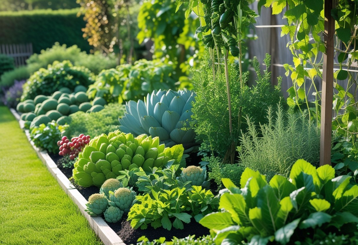A lush garden with various edible perennial plants including berry bushes, asparagus, rhubarb, and herbs growing in organized beds under sunlight.