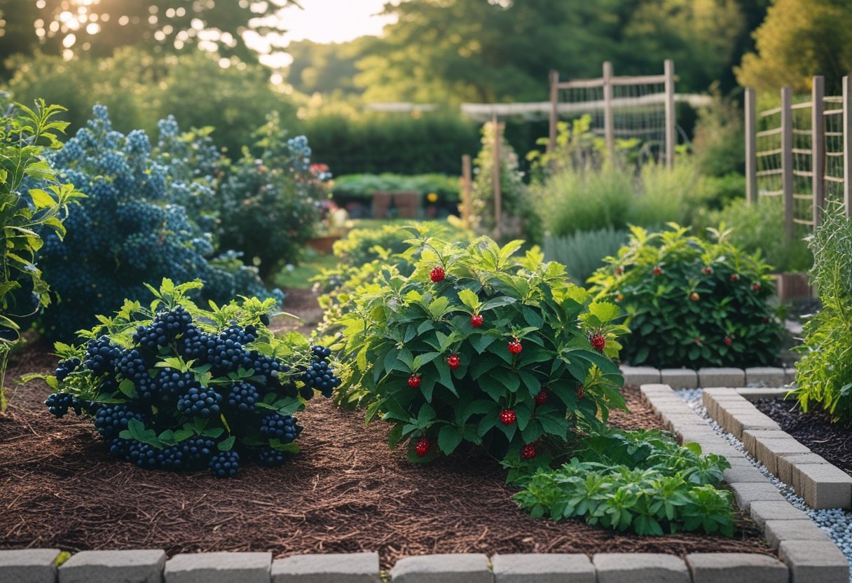A garden with various edible shrubs bearing ripe berries, arranged in neat rows with pathways and garden elements in the background.
