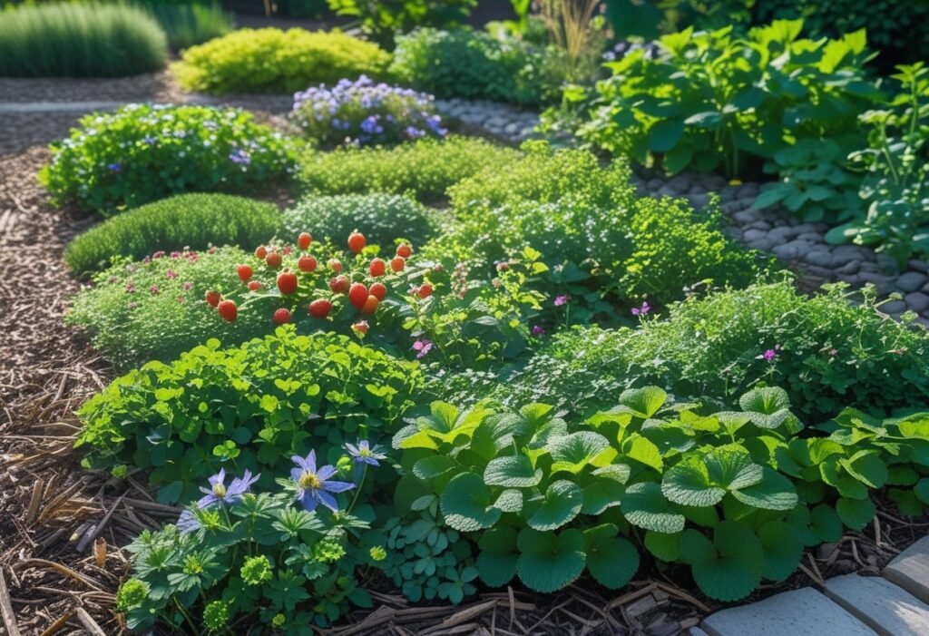 A garden bed filled with various edible groundcover plants like strawberries and creeping thyme, surrounded by garden paths and other edible plants.