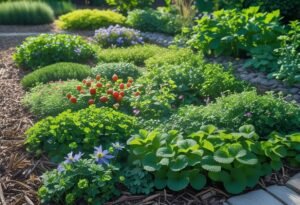 A garden bed filled with various edible groundcover plants like strawberries and creeping thyme, surrounded by garden paths and other edible plants.
