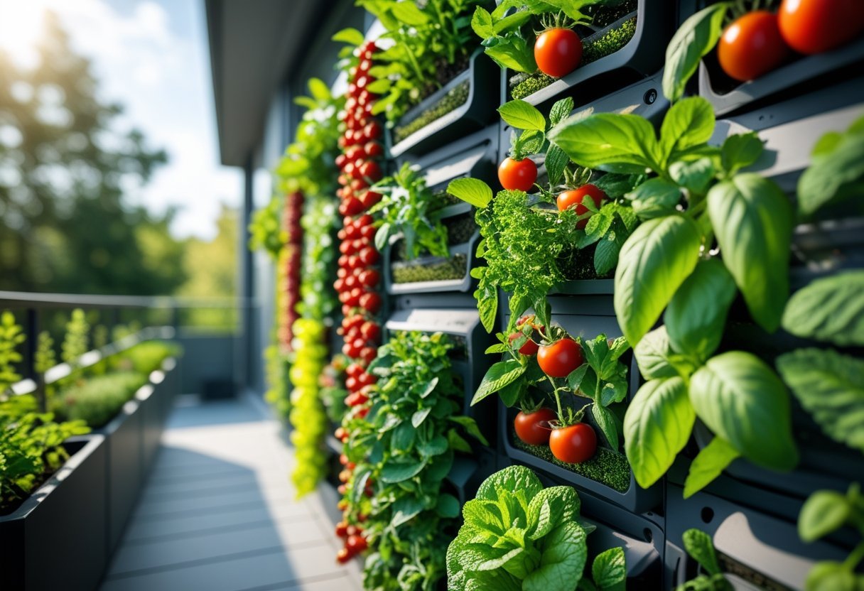 A vertical garden filled with various edible plants like strawberries, tomatoes, herbs, and leafy greens growing on a balcony wall.