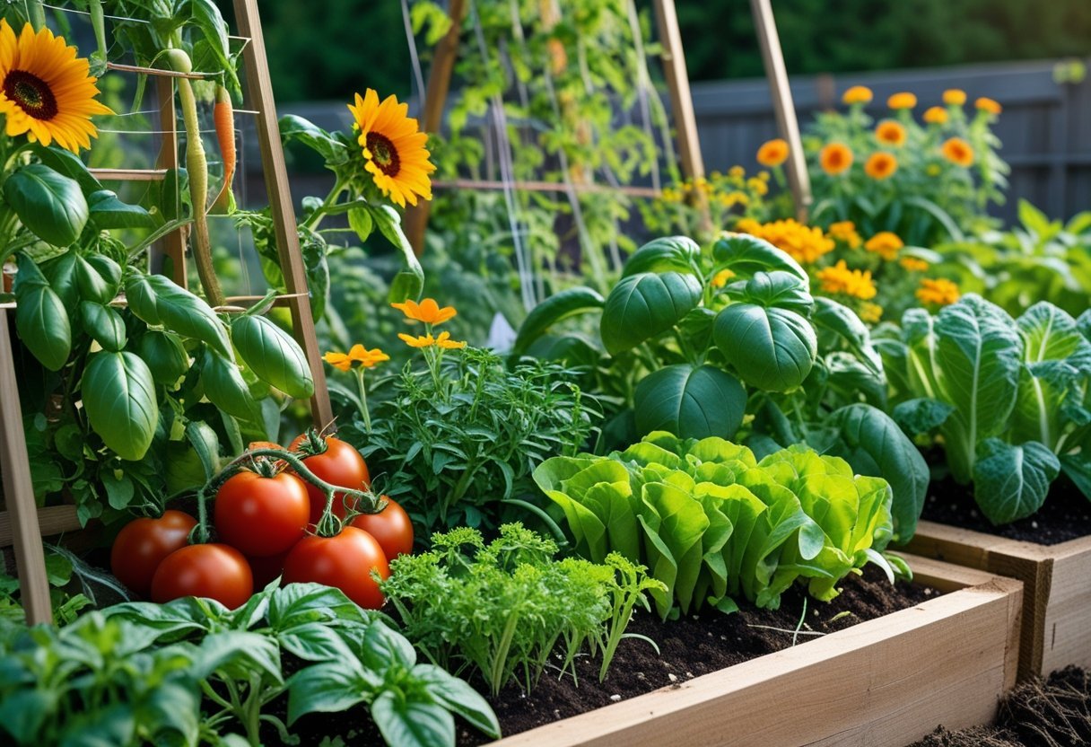 A garden bed with various vegetables, herbs, and flowers growing together closely, including tomatoes, basil, marigolds, green beans, sunflowers, lettuce, and carrots.