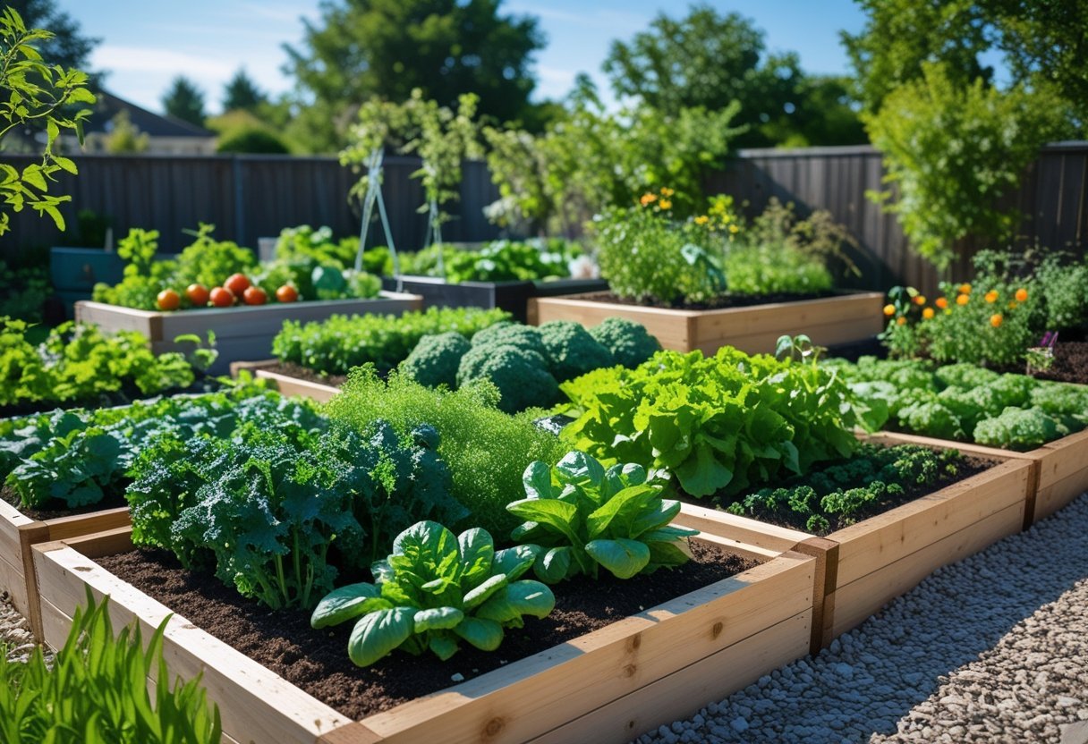 A backyard garden with multiple wooden raised beds filled with a variety of vegetables and herbs growing under a clear sky.