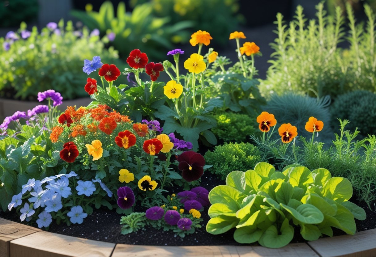 A colorful edible flower garden with various blooming flowers and green plants arranged in a well-kept garden bed.
