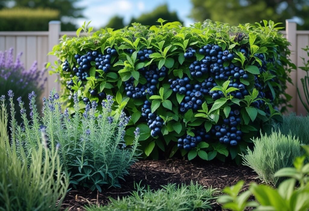 A lush blueberry hedge with ripe berries growing in a well-maintained edible garden surrounded by other plants and herbs under natural sunlight.