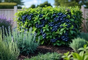 A lush blueberry hedge with ripe berries growing in a well-maintained edible garden surrounded by other plants and herbs under natural sunlight.