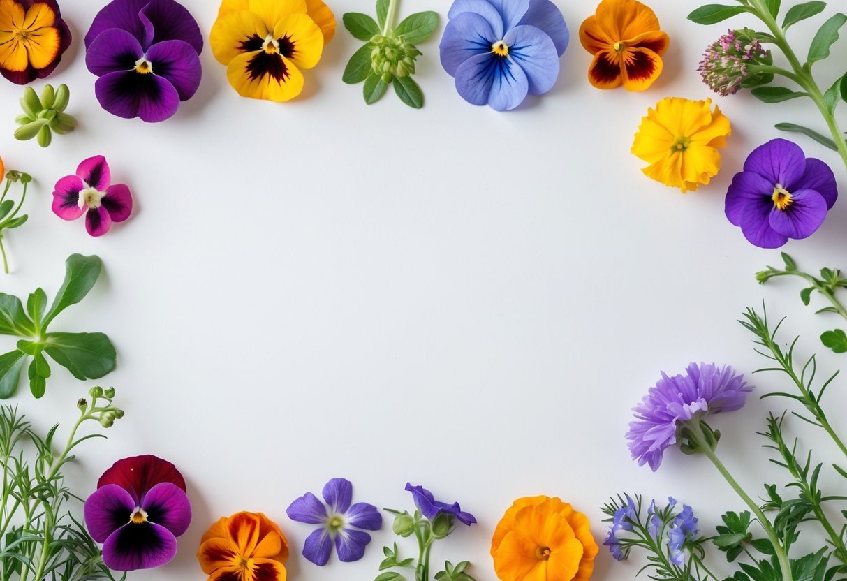 A border made of colorful edible flowers arranged around a blank white space.