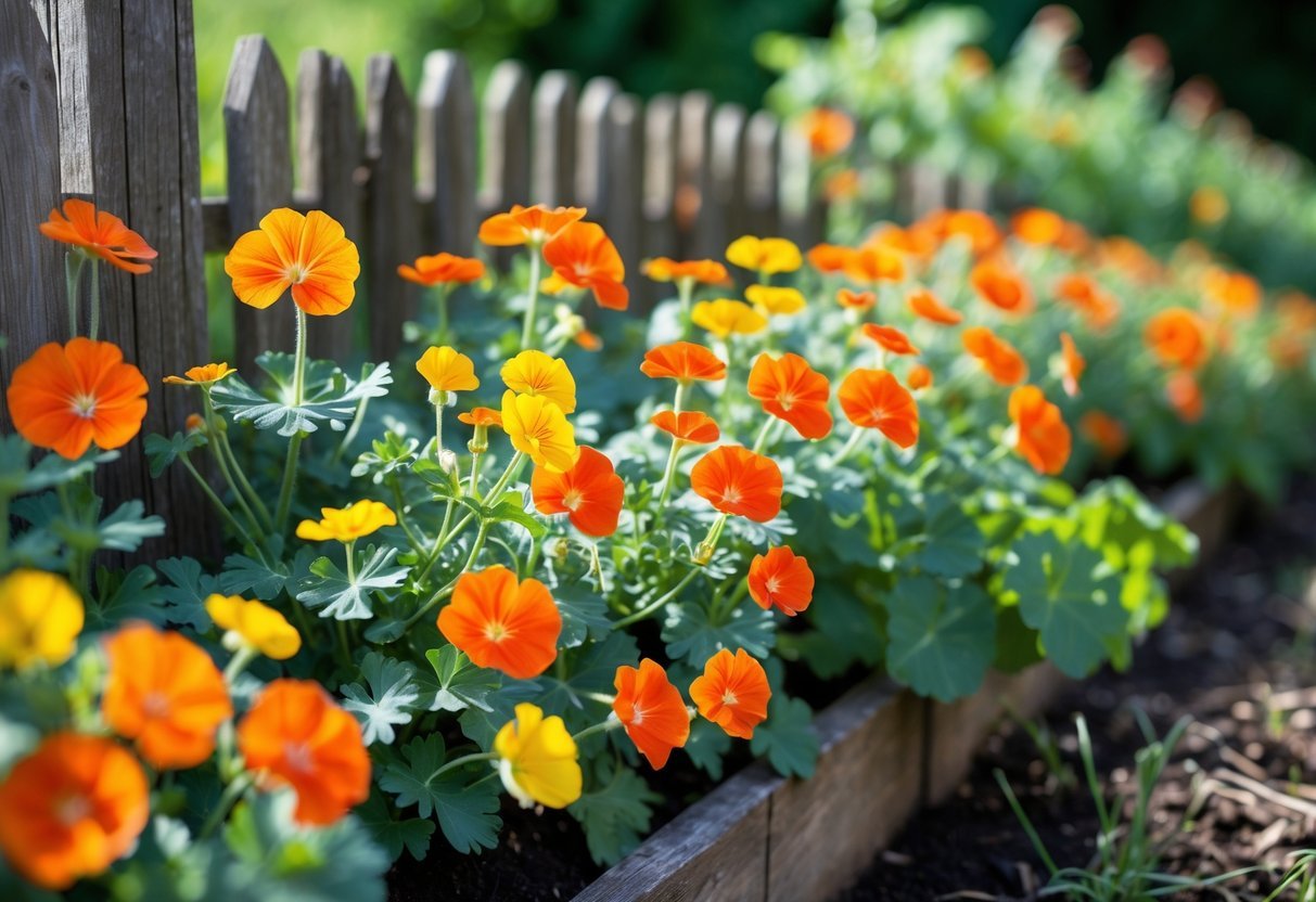 A garden border filled with bright orange and yellow nasturtium flowers and green leaves growing along a wooden fence.