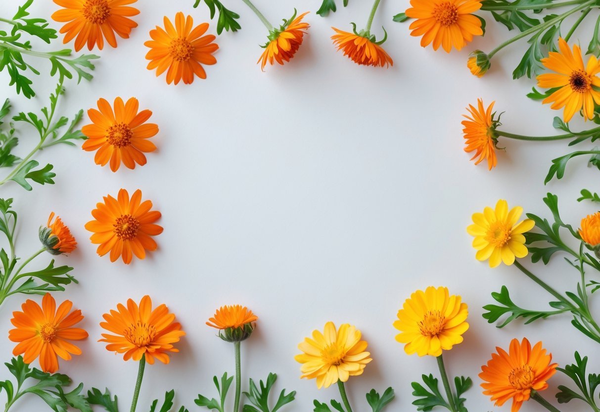 A border made of bright orange and yellow calendula flowers and green leaves arranged on a white background.