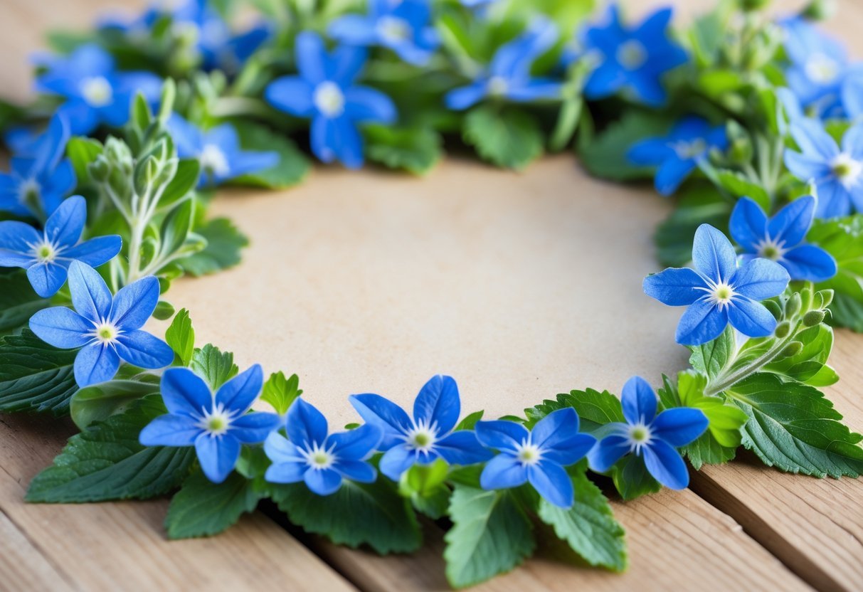 A border made of bright blue borage flowers and green leaves arranged on a wooden surface with a blank center.