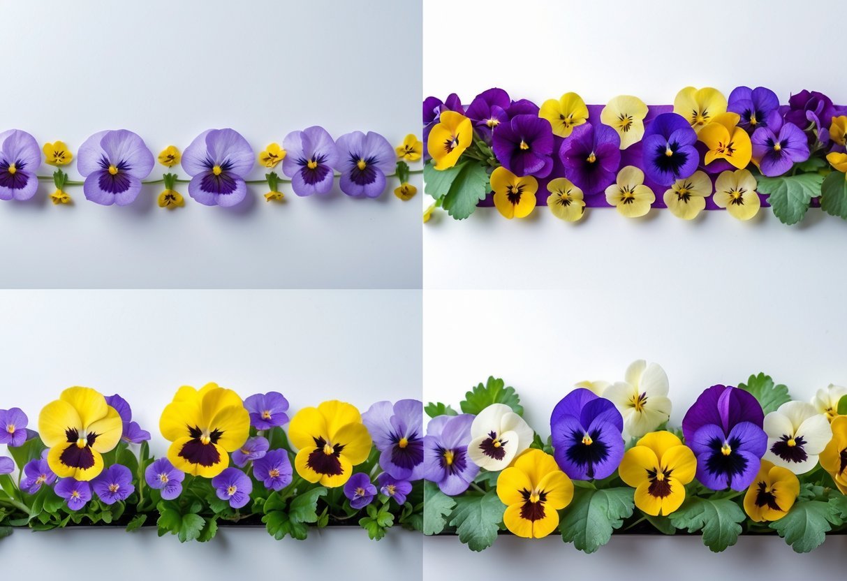Four different borders made from colorful viola edible flowers arranged on a white background.