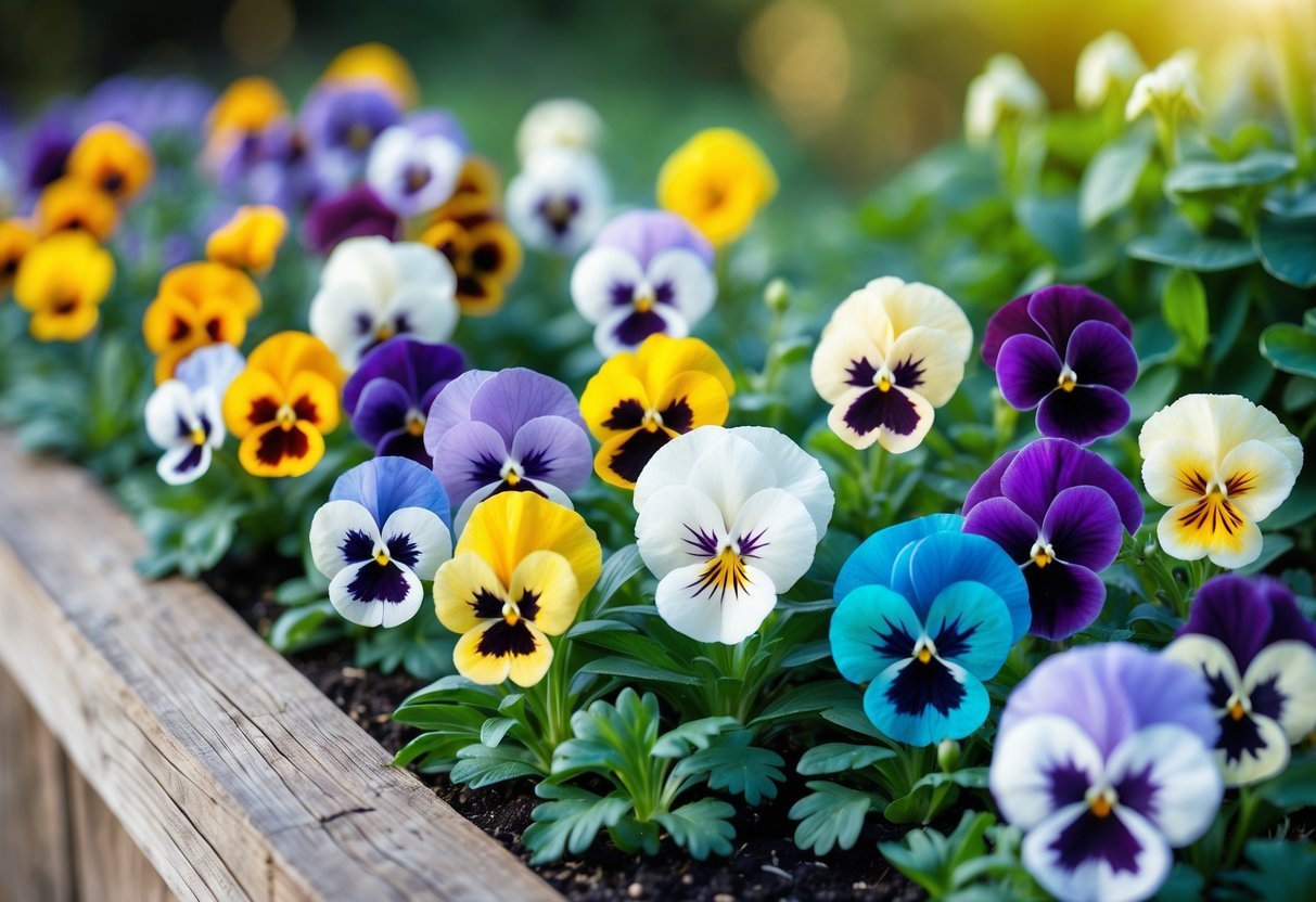 A colorful border of fresh pansy flowers arranged along the edge of a garden bed.