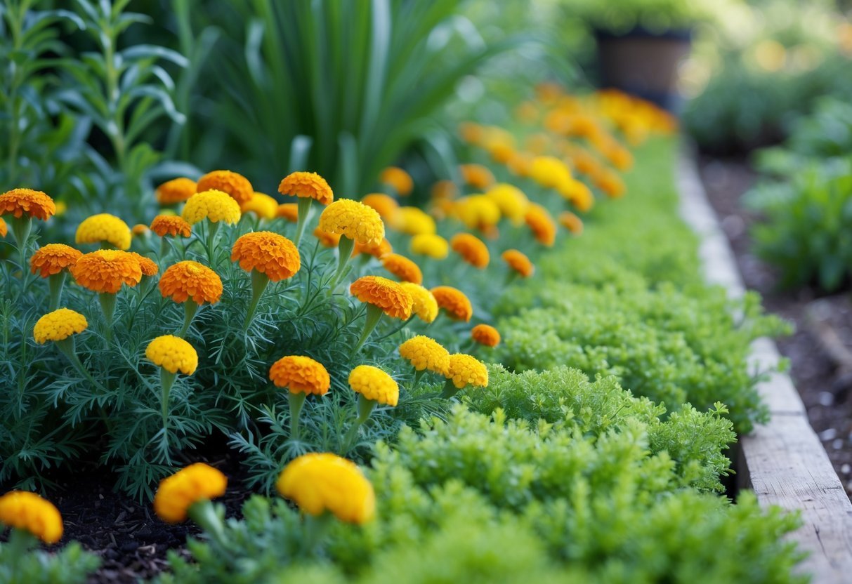 A garden border filled with bright orange and yellow marigold flowers and green foliage in natural sunlight.