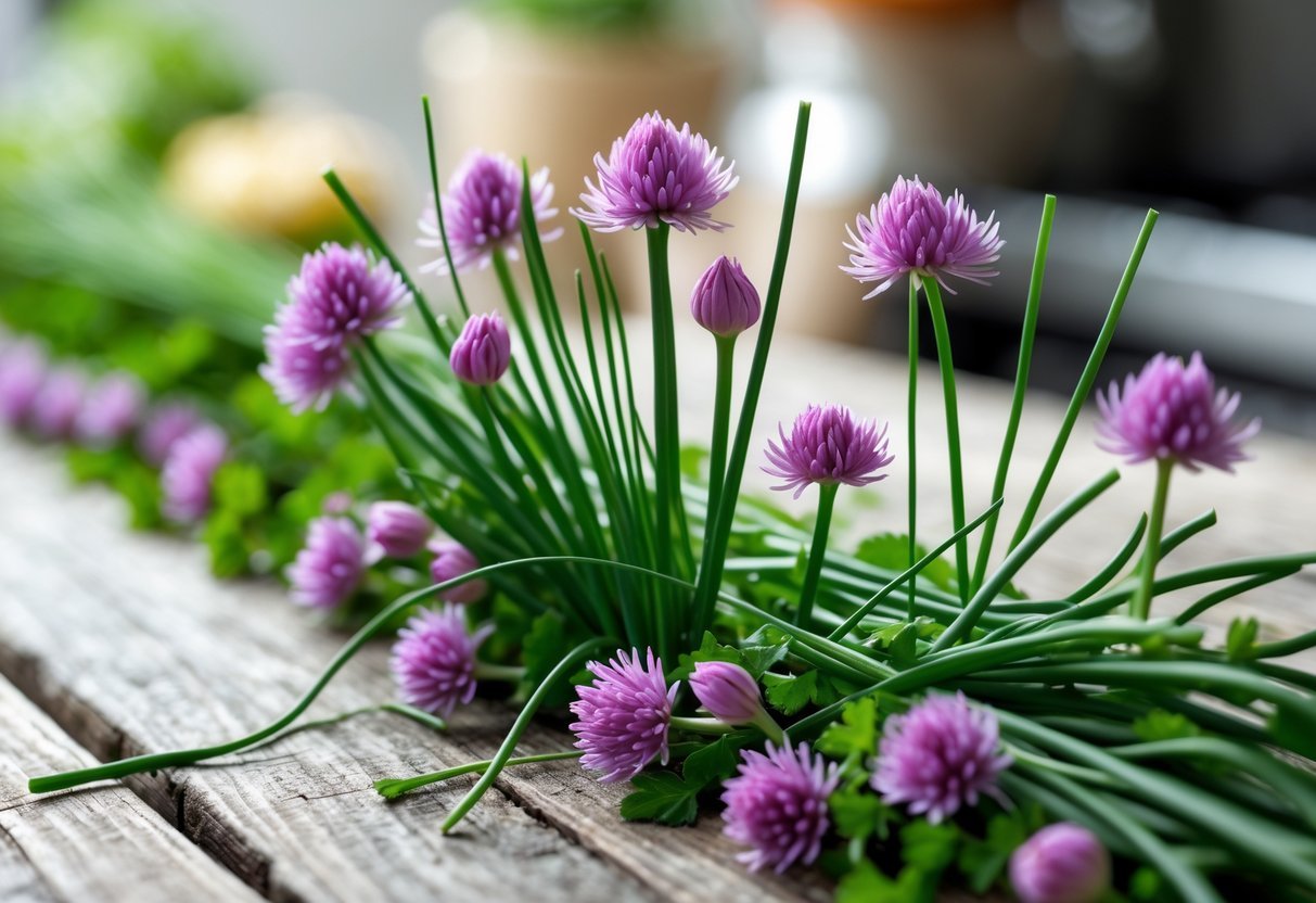 Close-up of a decorative border made of purple chive blossoms and green stems arranged on a wooden surface.