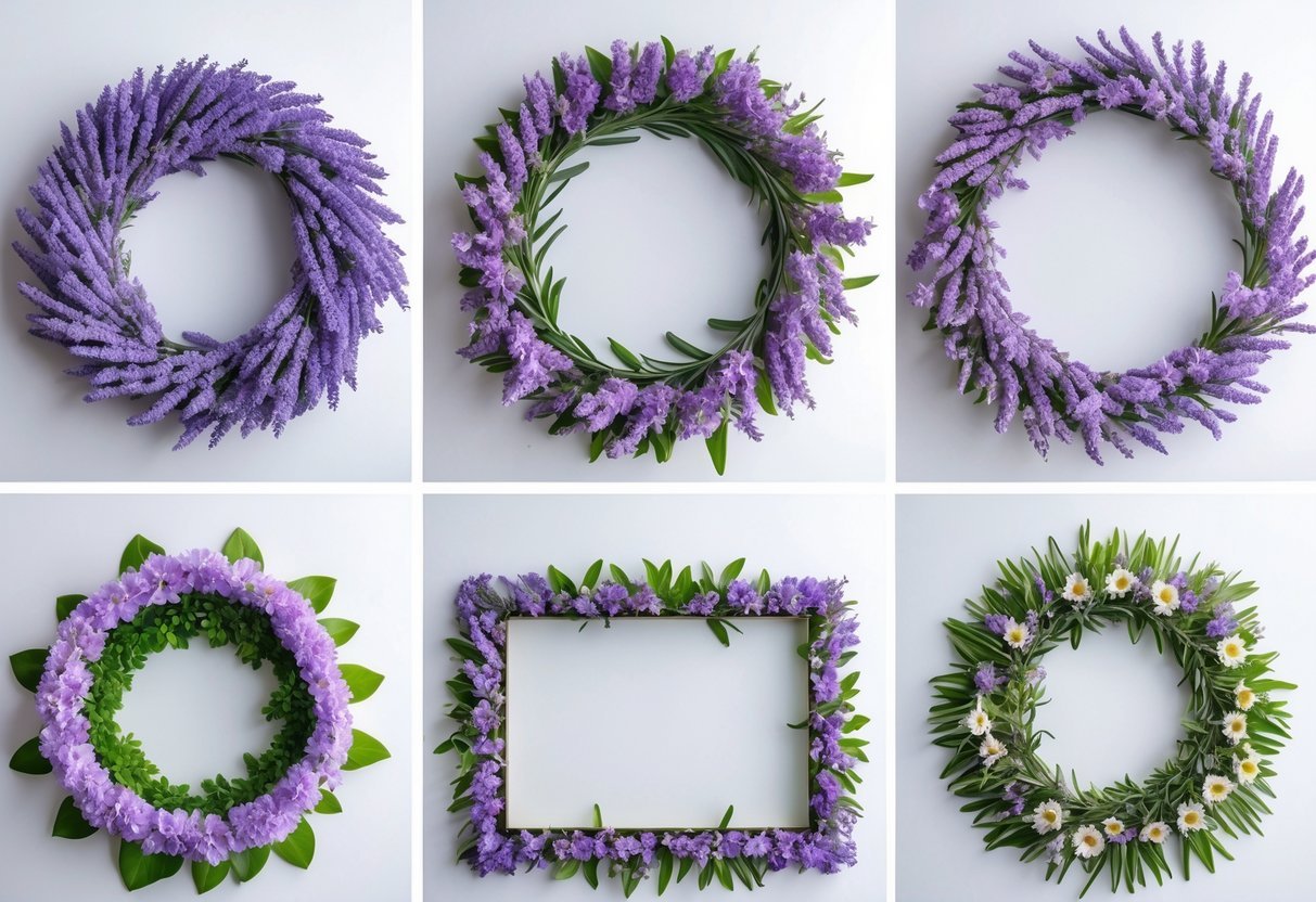 Eight different decorative borders made from fresh lavender and other edible flowers arranged on a white background.