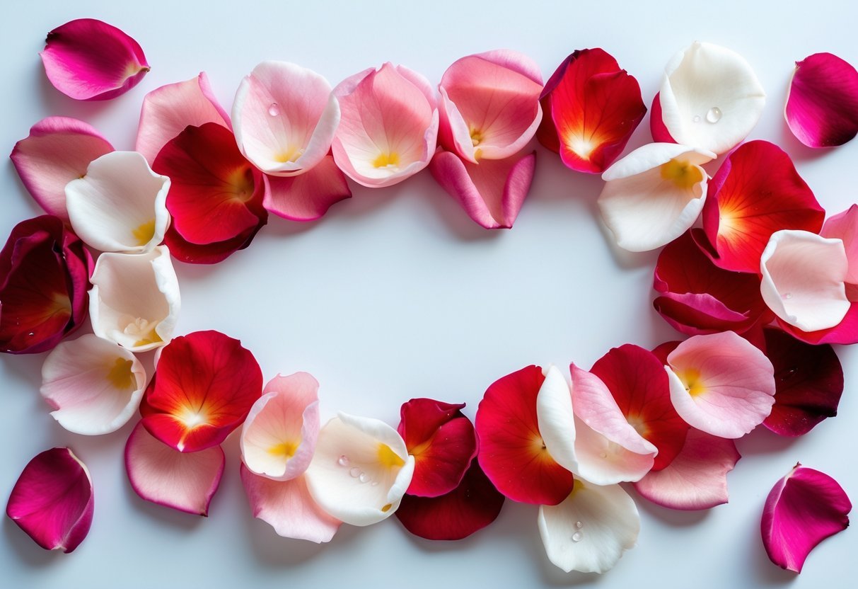 A close-up view of a border made from fresh rose petals in red, pink, and white arranged on a white surface.