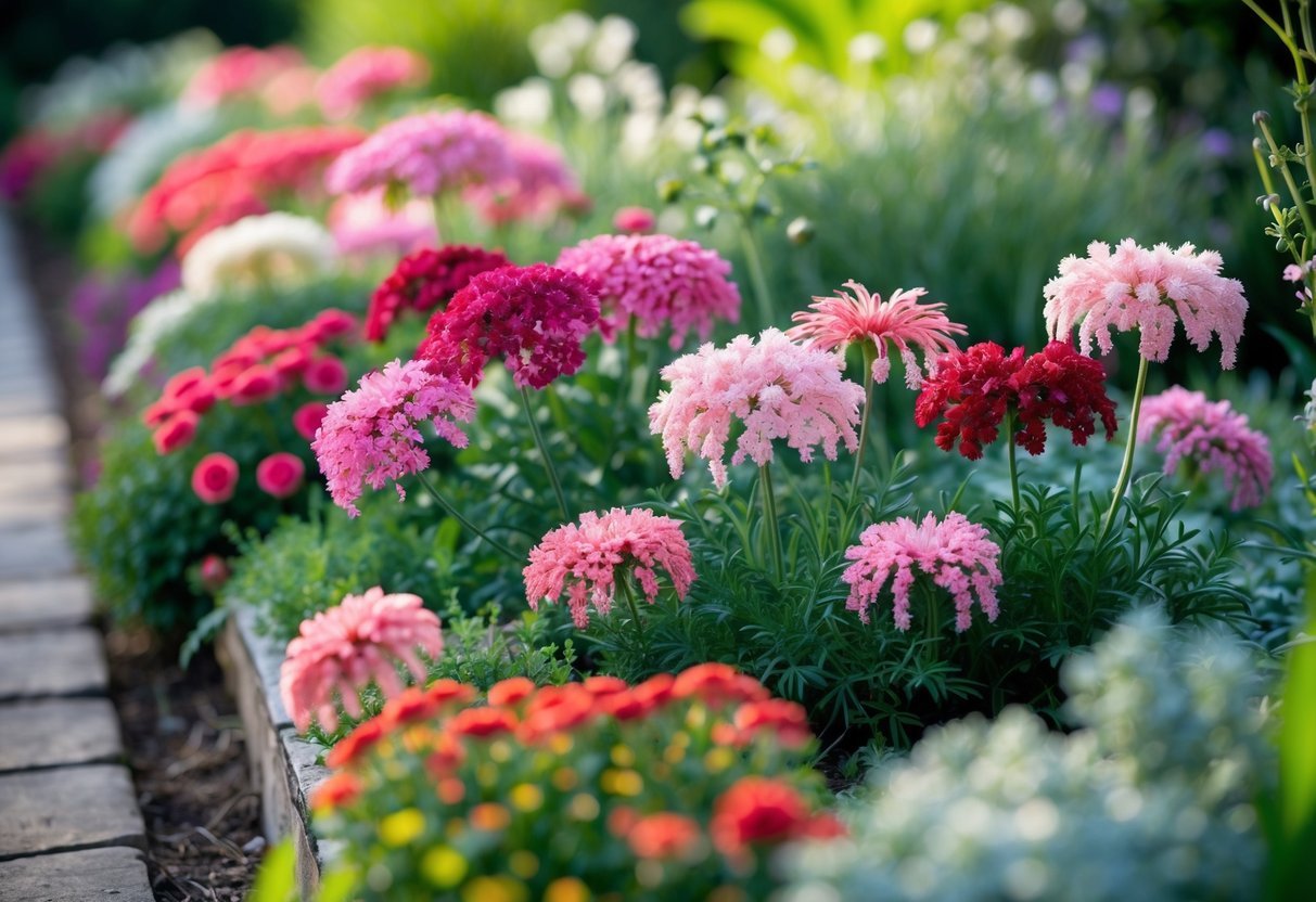 A colorful garden border filled with blooming edible Dianthus flowers in shades of pink, red, and white surrounded by green foliage.