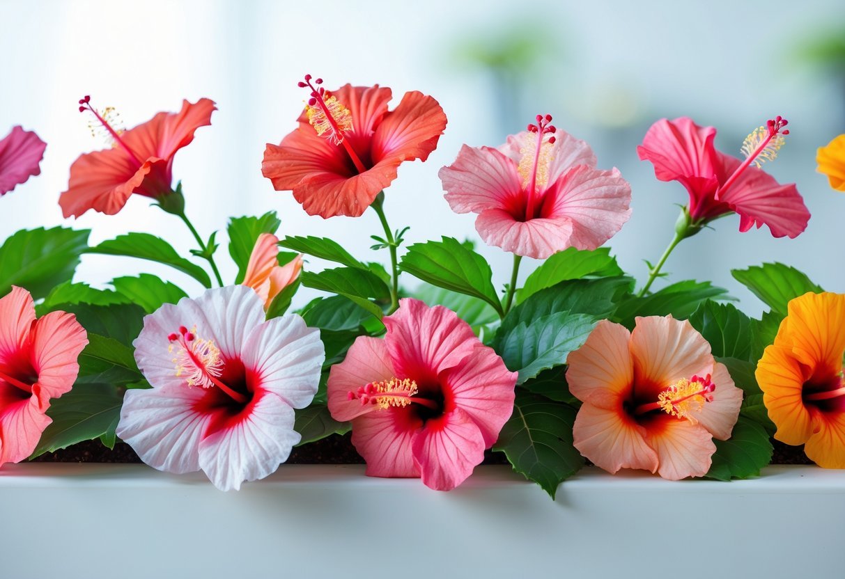 A border made of fresh red and pink hibiscus flowers arranged around the edges of a white surface.