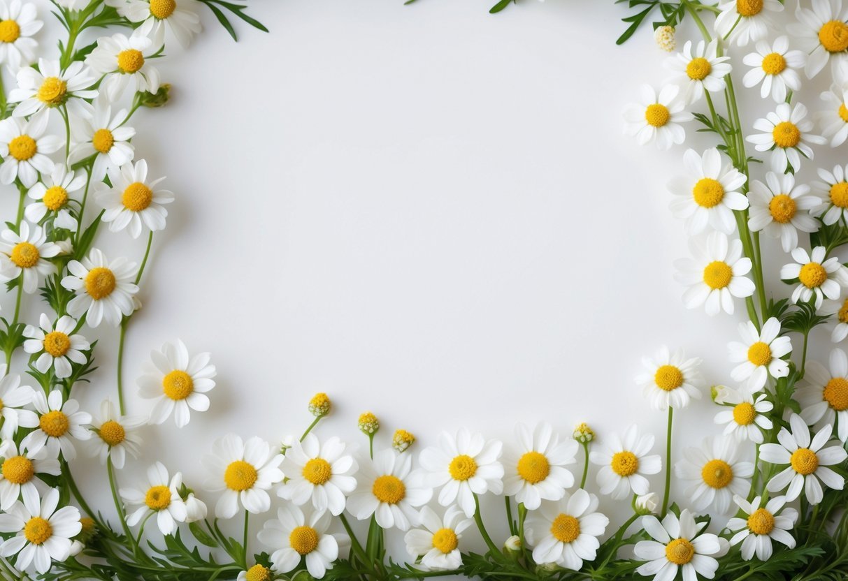 A border made of fresh chamomile flowers with white petals and yellow centers framing a white background.