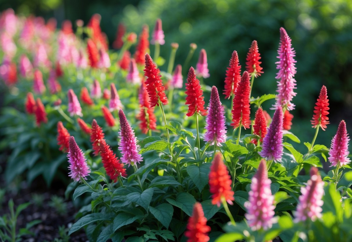 A garden border filled with bright red, pink, and purple Bee Balm flowers surrounded by green leaves.