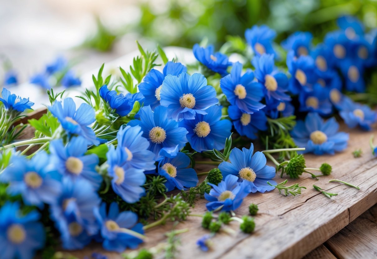 A close-up of a border made of bright blue cornflowers arranged with other edible flowers and green herbs on a rustic wooden surface.