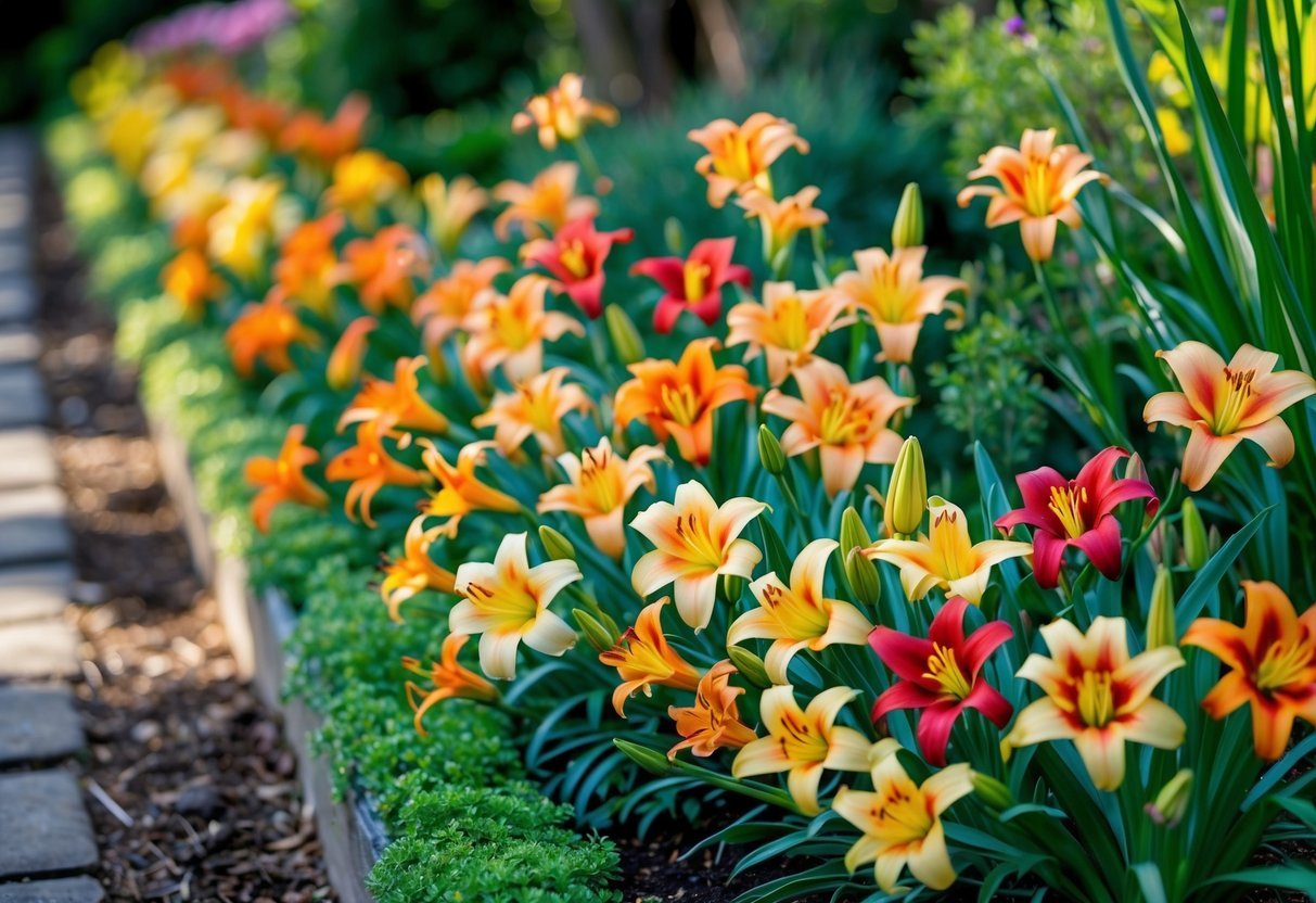 A garden border filled with blooming daylilies in shades of orange and yellow, surrounded by green foliage.