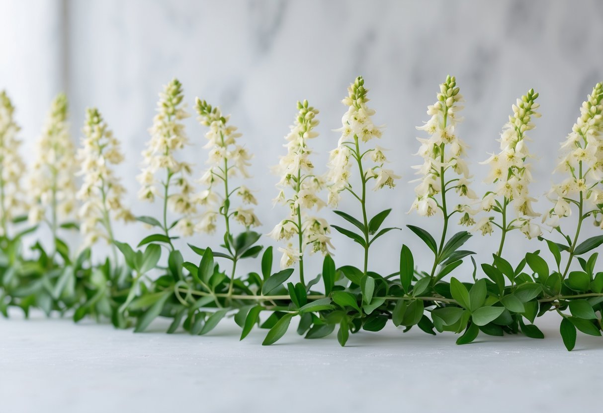 A border made of fresh elderflower clusters arranged along the edges of a white surface.