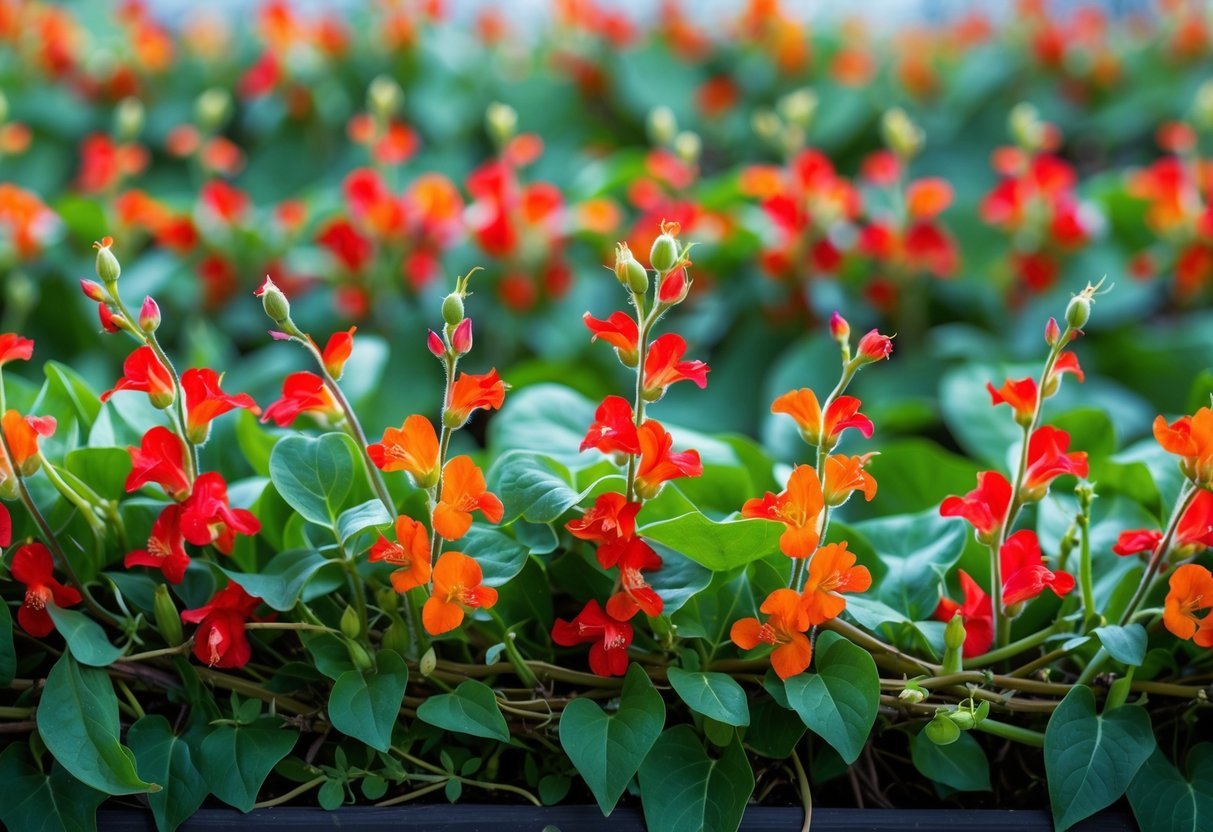A border of bright red and orange scarlet runner bean flowers with green leaves.