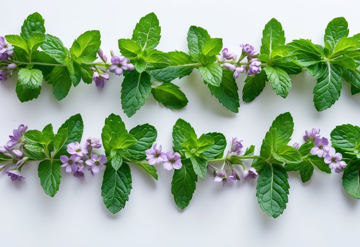 A border of fresh green mint leaves and small pale purple mint flowers arranged on a white surface.